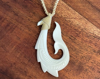 Stunning Hand Carved Buffalo Bone Makau Whale Tail Adjustable Necklace