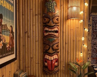 2 ft. Polynesische Hawaiiaanse Double Face Tikis - lichtgewicht teakhouten handgesneden en handbeschilderd display