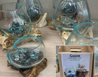 Hand Blown Molten Glass Bowl on Teak/Driftwood - Beautiful Table Top Vase, Fish Bowl, Terrarium Decor. Hand Made in Guam