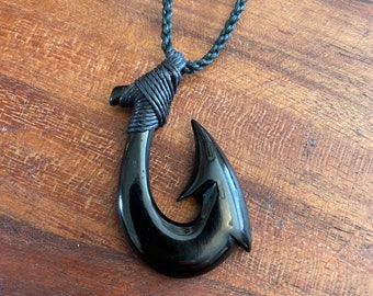 Onyx Stained Solid Buffalo Bone, Hand Carved, Hei Makau ( Fish Hook) Adjustable Necklace