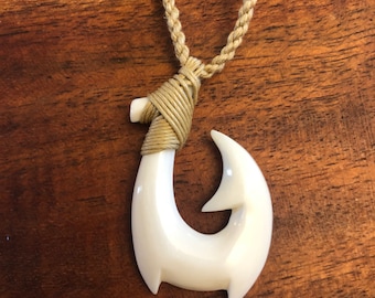 Smaller BoldHand-carved Buffalo Bone Warrior Makau or Polynesian Fish Hook Adjustable Necklace