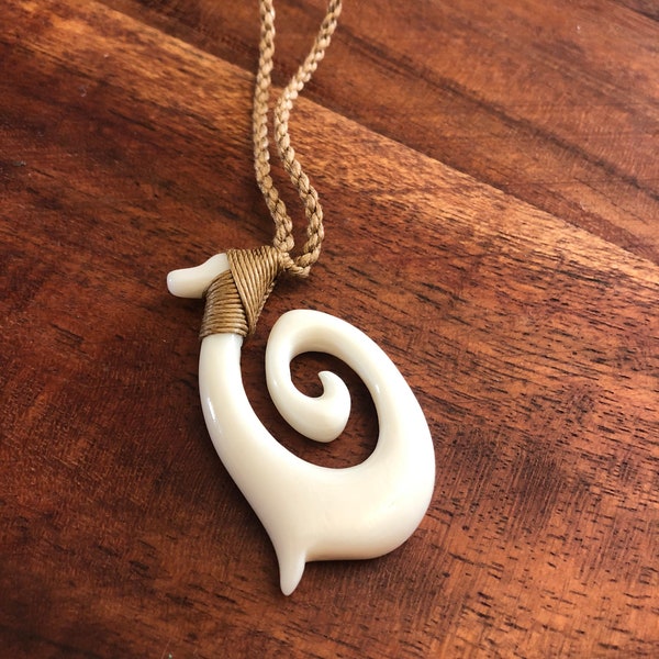 Awesome Hei Makau (Polynesian Fish Hook) Carved by Hand from Buffalo Bone with Koru (Never give up) tip