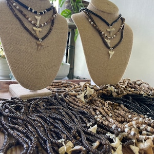 Authentic Mako & Fossilized Moroccan Shark Tooth Necklaces on Coconut Beaded Necklaces with Silver Clasp