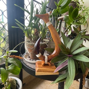 May include: A wooden Hawaiian-style fish hook sculpture with the word "HAWAII" carved into the top. The hook is brown with white accents and sits on a square wooden base. The sculpture is displayed on a small black table surrounded by plants.