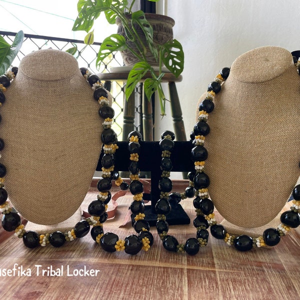 15” Authentic Kukui Nut & Mongo Shell Necklaces with Adjustable Ribbon Ties - Graduation, Celebration, Wedding, Birthday, Performance Lei