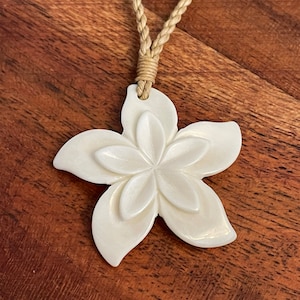 Lovely Feminine Plumeria Necklace Hand Carved from Solid Bone. Polynesian Traditional Boho Piece.