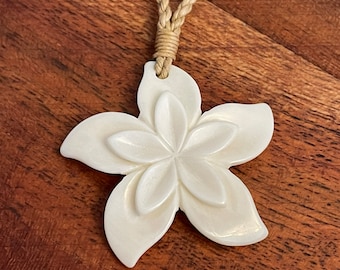 Lovely Feminine Plumeria Necklace Hand Carved from Solid Bone. Polynesian Traditional Boho Piece.