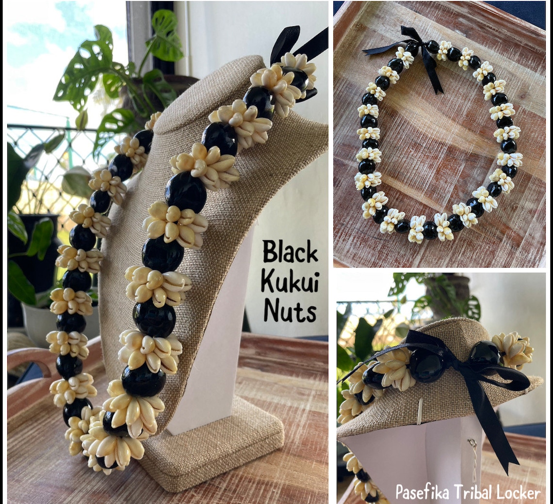 Shell Ribbon Lei Authentic Kukui Nut & Cowrie Shell Lei – Adjustable Ribbon Tie - Etsy