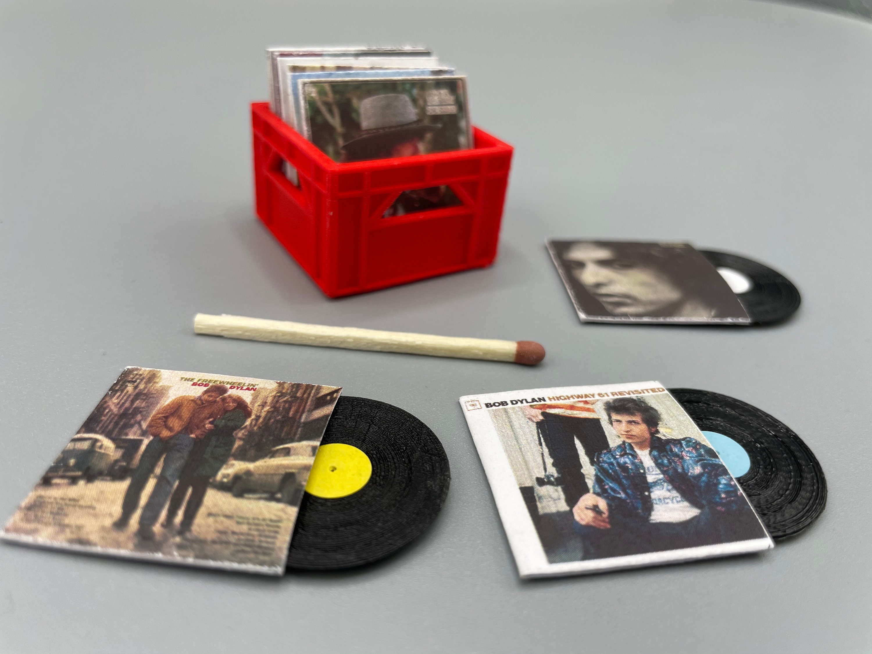 Bob Dylan 10 Early  vinyls in 1:12 miniature crate