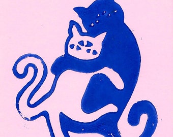 Katzenkuscheln Linocut Print Pink/Blue