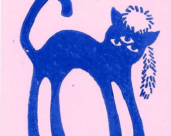 Racoon Hat Cat Linocut Print Pink/Blue