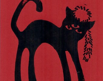 Waschbärmütze Katze Linoldruck Rot/Schwarz