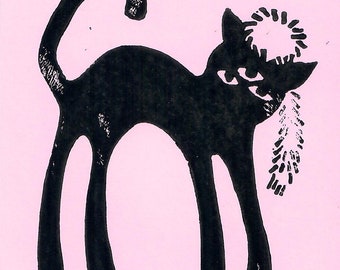 Racoon Hat Cat Linocut Print Pink/Black