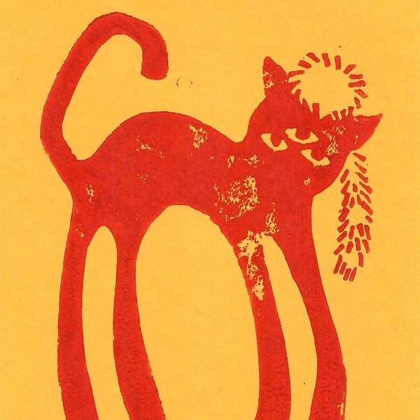 Racoon Hat Cat Linocut Print Yellow/Red