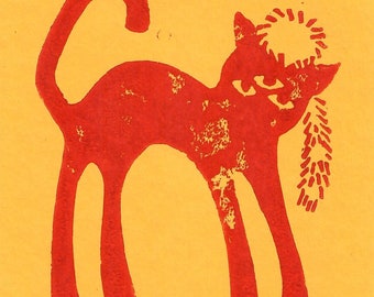 Racoon Hat Cat Linocut Print Yellow/Red