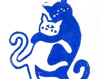 Katzenkuscheln Linocut Print White/Blue