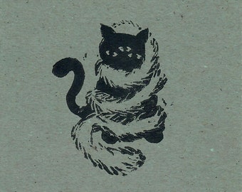 Katze in Imposanter Federboa Linocut Print Green/Black
