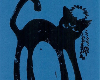 Racoon Hat Cat Linocut Print Blue/Black