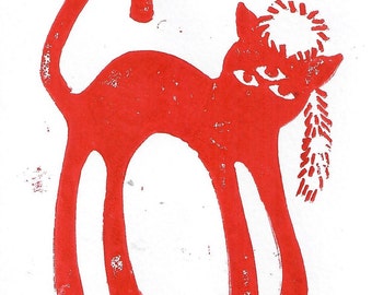 Racoon Hat Cat Linocut Print White/Red