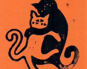 Katzenkuscheln Linocut Print Orange/Black
