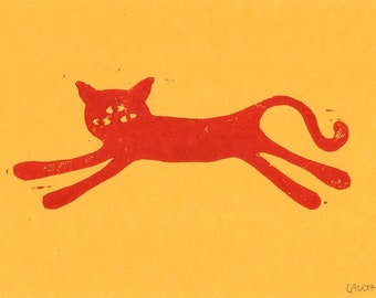 Whimsical Cat Linocut Print Yellow/Red