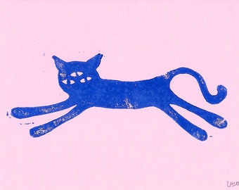 Whimsical Cat Linocut Print Pink/Blue