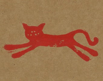 Whimsical Cat Linocut Print Brown/Red