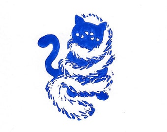Katze in Imposanter Federboa Linocut Print White/Blue