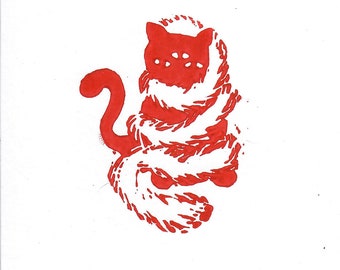 Katze in Imposanter Federboa Linocut Print White/Red
