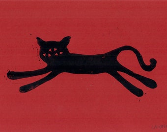 Whimsical Cat Linocut Print Red/Black