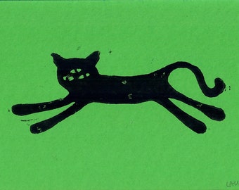 Whimsical Cat Linocut Print Green/Black