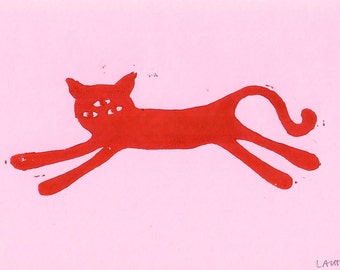 Whimsical Cat Linocut Print Pink/Red