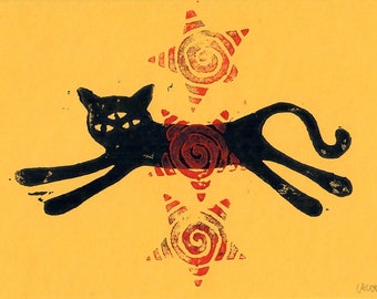 Whimsical Star Cat Linocut Print Yellow/Black/Red