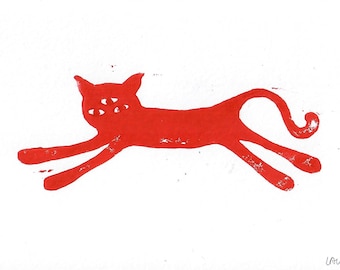 Whimsical Cat Linocut Print White/Red
