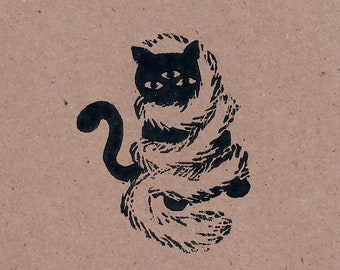 Katze in Imposanter Federboa Linocut Print Old Pink/Black