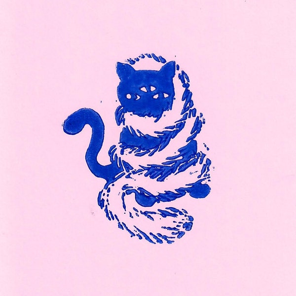 Katze in Imposanter Federboa Linocut Print Pink/Blue