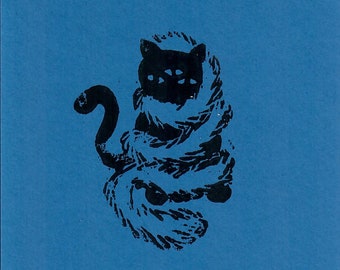 Katze in Imposanter Federboa Linocut Print Blue/Black