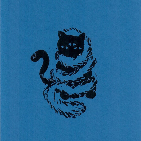 Katze in Imposanter Federboa Linocut Print Blue/Black