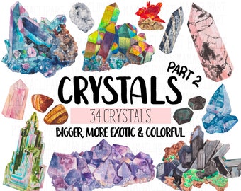 Crystals (Part 2) Watercolor Clipart COMMERCIAL | 34 Gemstones Clip Art Crystal Graphics PNG Transparent Background | Digital Download