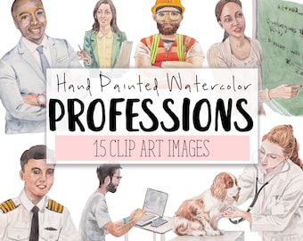 Careers, Jobs Watercolor Clipart COMMERCIAL | 15 Professions Clip Art Website Graphics PNG Transparent Background | Digital Download