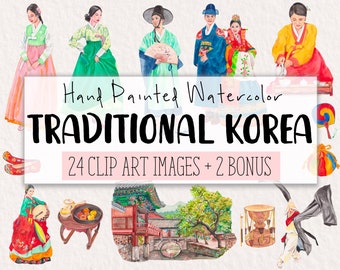 Traditional KOREA Watercolor Hand-Painted Clipart COMMERCIAL | Clip Art Website Graphics PNG Transparent Background | Digital Download