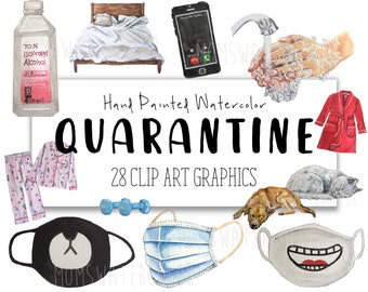 Quarantine Clipart COMMERCIAL - 30 Stay at Home Clipart Commercial Mask Website Graphics | PNG Transparent Background | Digital Download