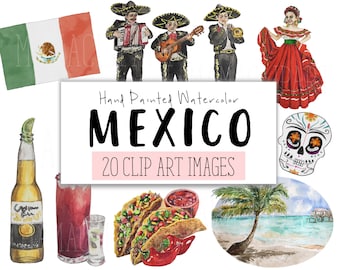 Mexico Clipart COMMERCIAL - 20 Watercolor Mexico Clip Art - Mexican Website Graphics - PNG Transparent Background - Digital Download
