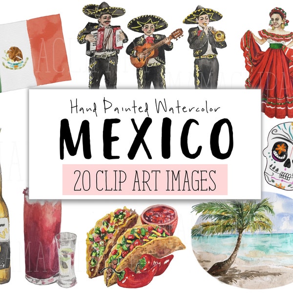 Mexico Clipart COMMERCIAL - 20 Watercolor Mexico Clip Art - Mexican Website Graphics - PNG Transparent Background - Digital Download