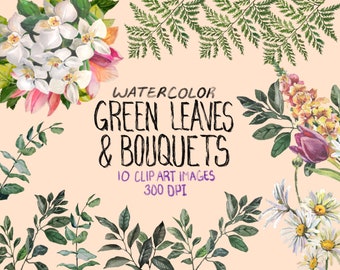 Watercolor Flower Clipart - COMMERCIAL USE - 10 Clip Art Leaves & Bouquets PNG [Digital Download]