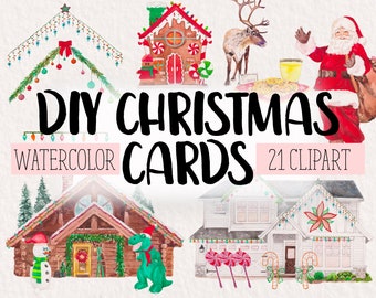 DIY Christmas Cards Watercolor Clipart COMMERCIAL | 21 Unique Clip Art Image Graphics | PNG Transparent Background | Digital Download