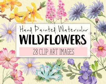 Wildflowers Watercolor Clipart COMMERCIAL | 28 Wild Flowers Clip Art Graphics PNG Transparent Background | Digital Download