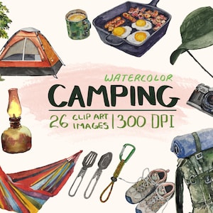 Camping Watercolor Clipart COMMERCIAL - 26 Camping Clip Art Images PNG [Digital Download]