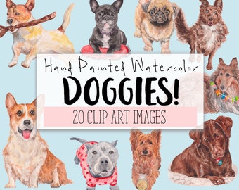 Dogs Watercolor Clipart COMMERCIAL | 20 Dog Watercolor Clip Art Website Graphics PNG Transparent Background | Digital Download