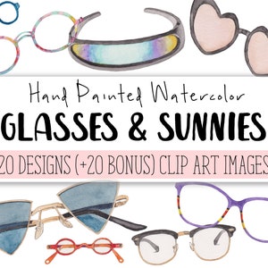 Glasses & Sunglasses Watercolor Clipart COMMERCIAL | 20 Designs +20 Bonus Eyewear Clip Art PNG Transparent Background | Digital Download